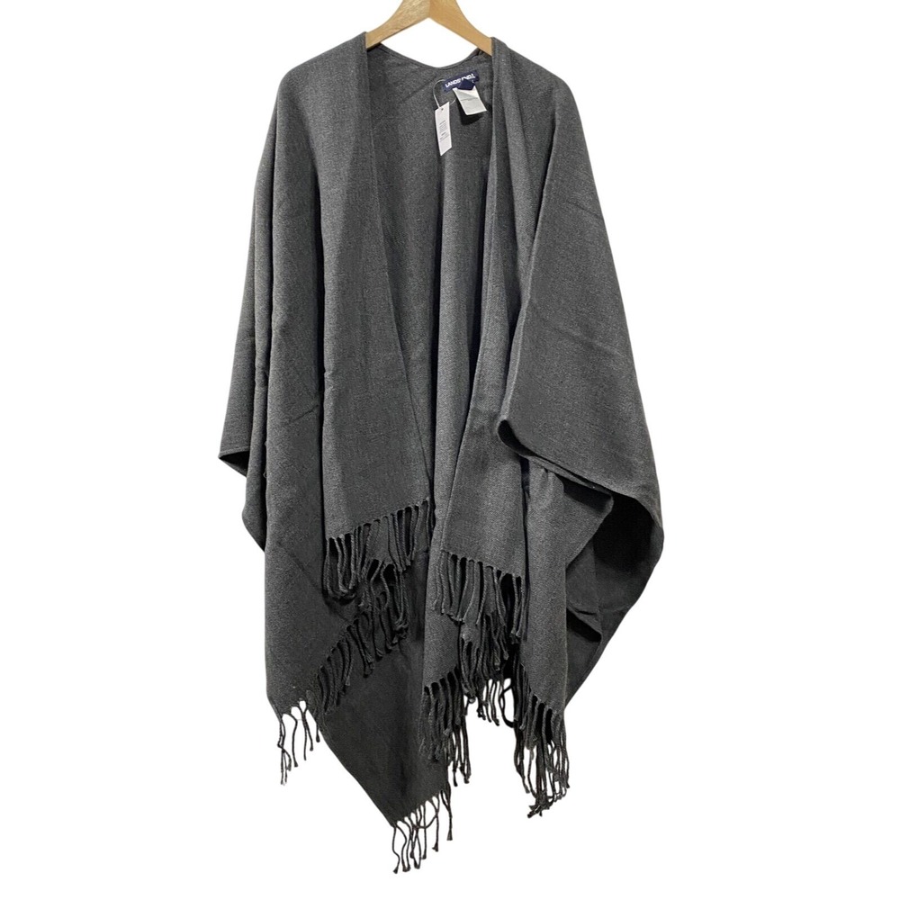 Lands End Womens Fringe Poncho One Size Gray NWT Antistatic Shawl Blanket Scarf